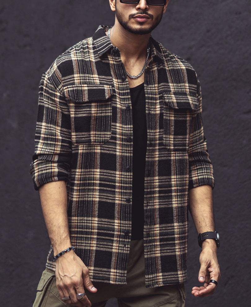 Multicolor Checks Double Pockets Oversize Drop Shoulder Shirt