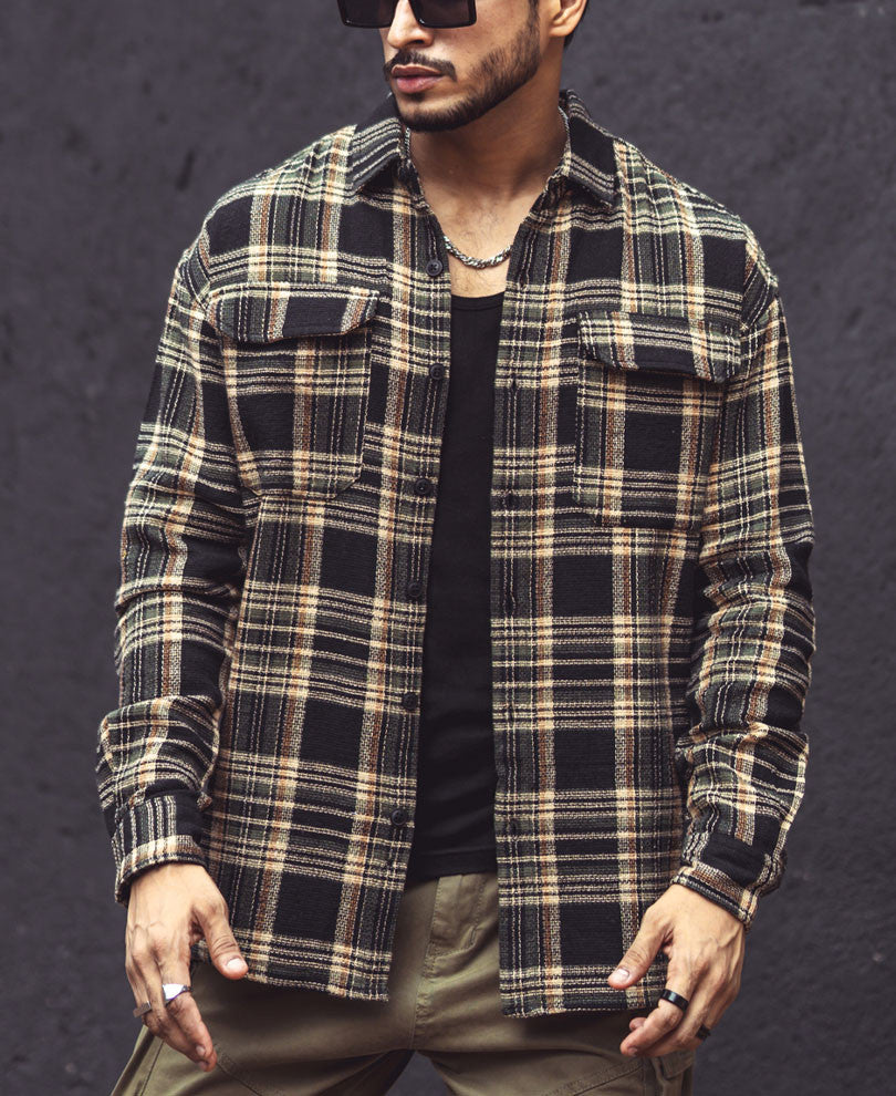 Multicolor Checks Double Pockets Oversize Drop Shoulder Shirt
