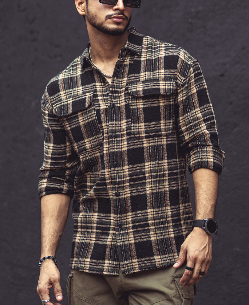 Multicolor Checks Double Pockets Oversize Drop Shoulder Shirt