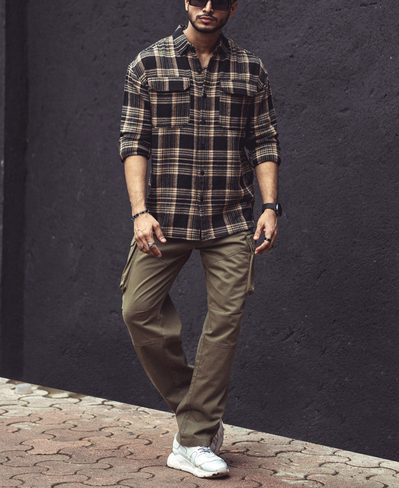 Multicolor Checks Double Pockets Oversize Drop Shoulder Shirt