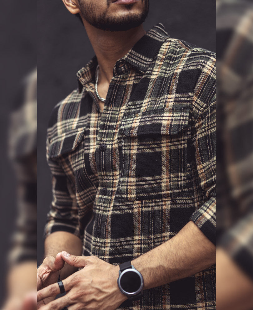 Multicolor Checks Double Pockets Oversize Drop Shoulder Shirt
