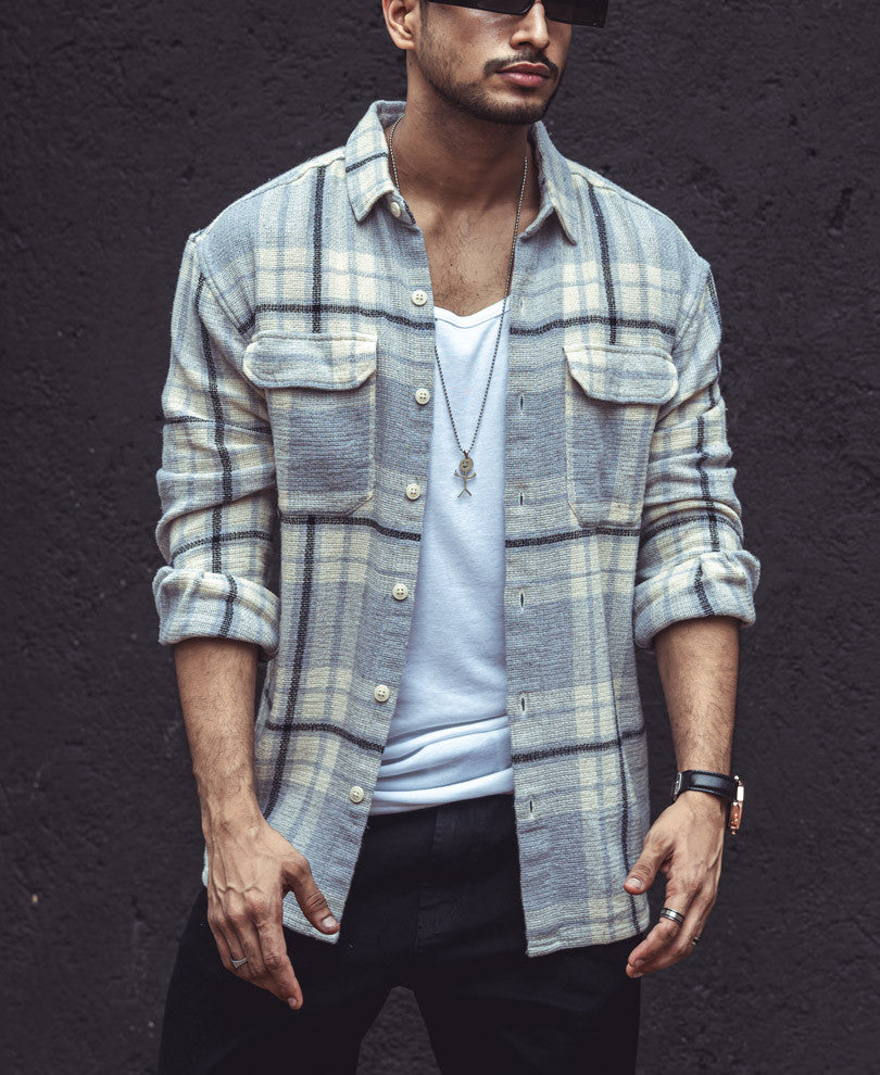 Light Grey Structured Checks Shacket Oversize Drop Shoulder Shirt
