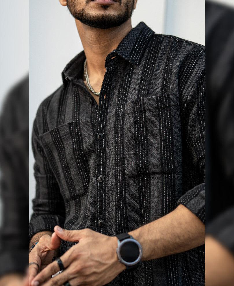 Charcoal Black Striped Structured Oversized Shirt