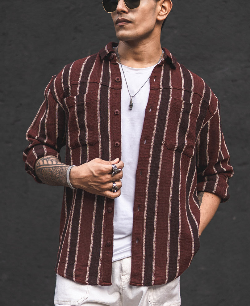 Brown and Maroon Structured Striped Oversized Shirt