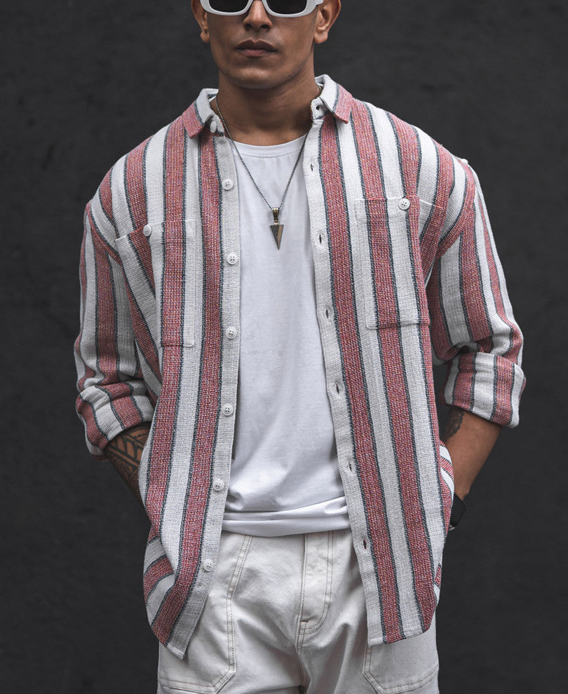 Peach Structured Striped Oversized Shirt