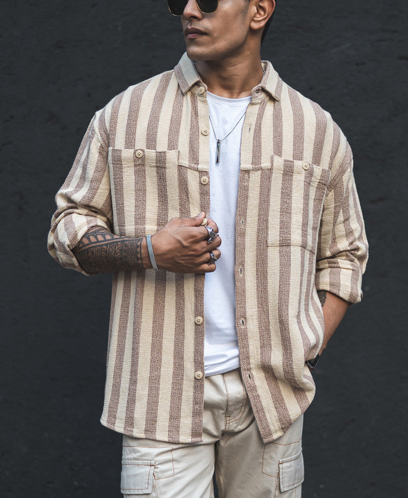Cream Structured Striped Vertical Oversized Shirt