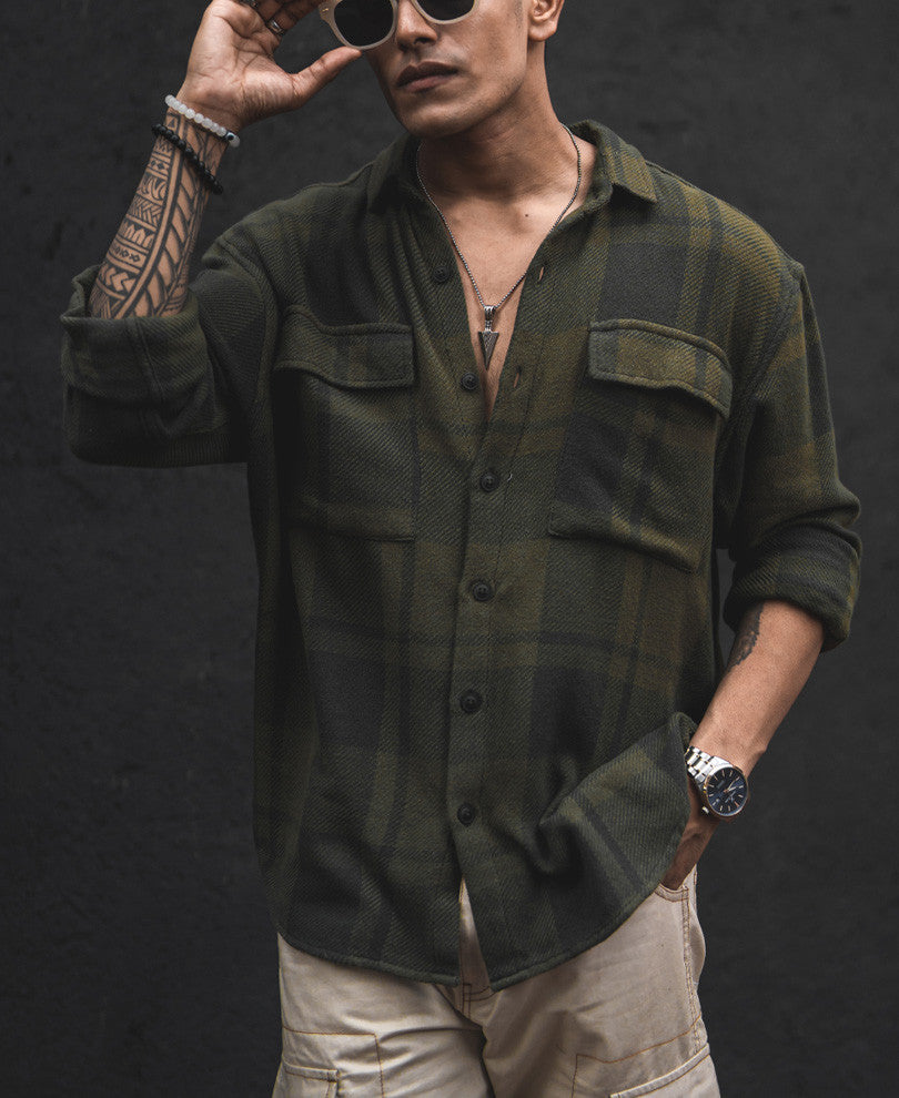 Olive Green Structured Flannel Checks Shacket Oversized Shirt