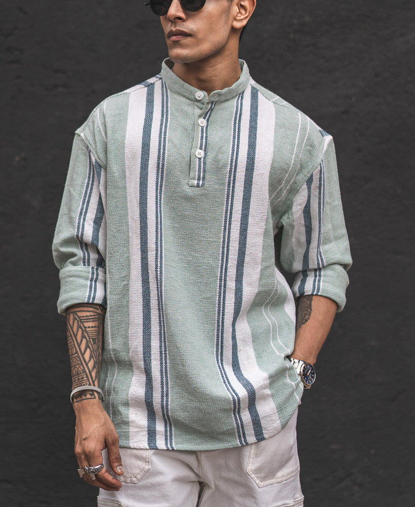 Pista Green Structured Striped Kurta Style Oversized Shirt