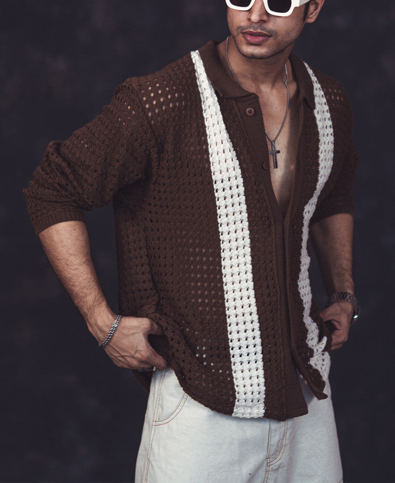 Brown and White Crochet Knit Striped Oversized Shirt