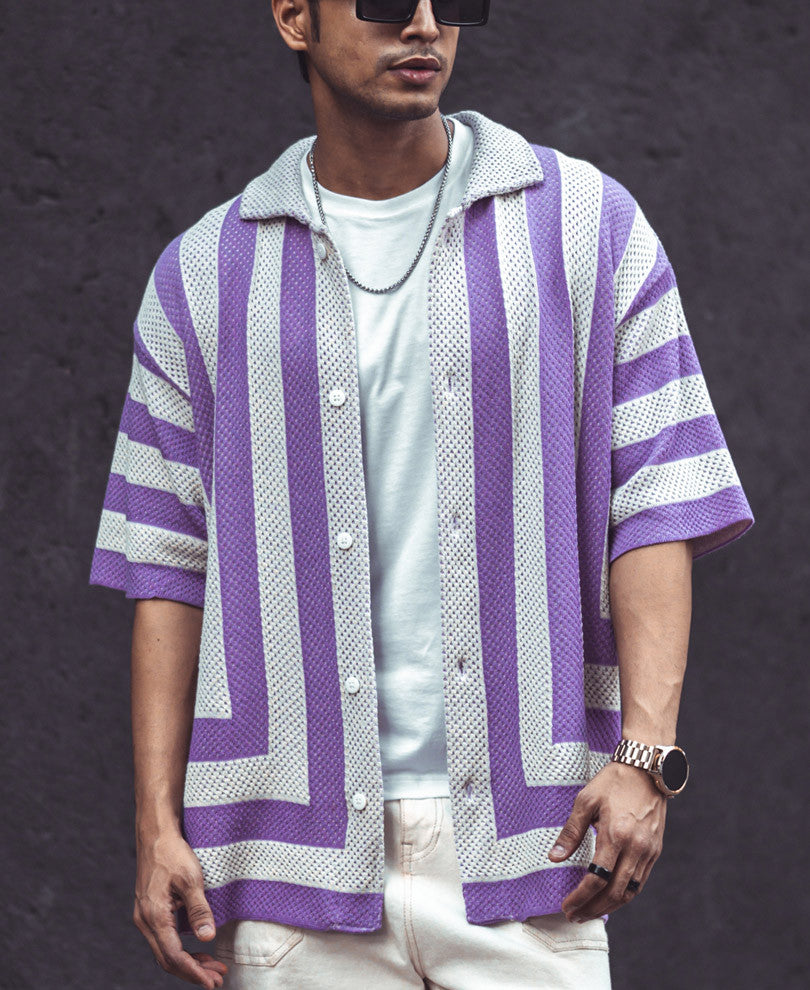 White and Lavender Crochet Knit Striped Oversized Shirt