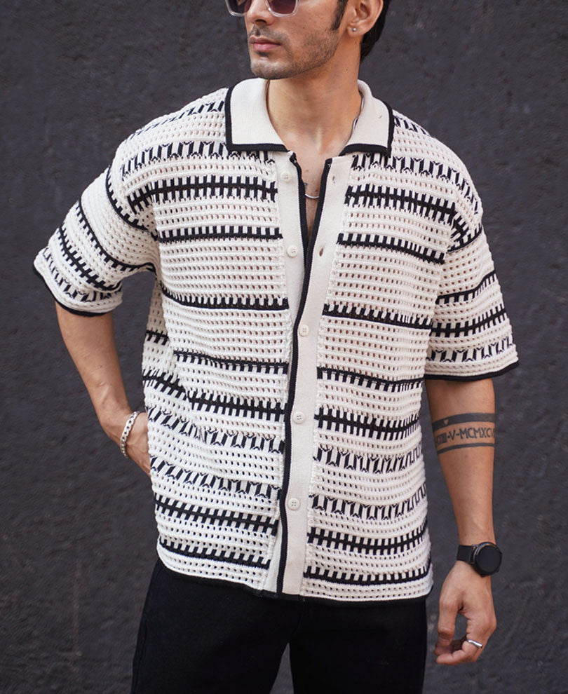 White and Black Crochet Knit Oversized Half Sleeves Shirt