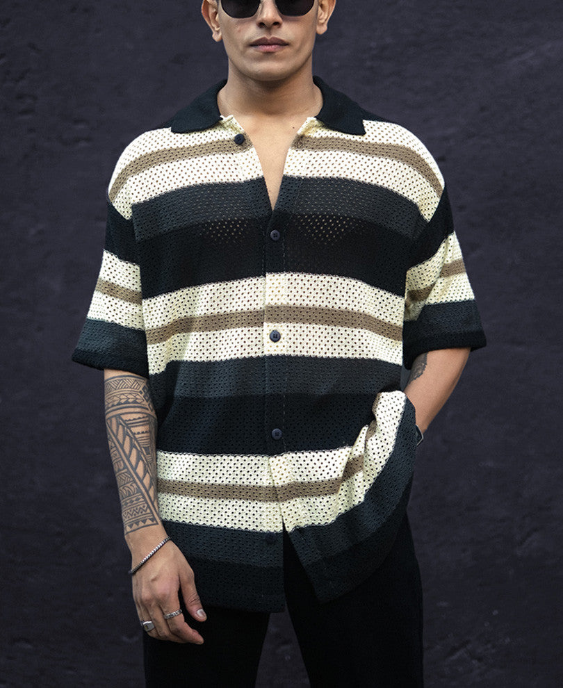 Multicolor Crochet Knit Striped Oversized Shirt