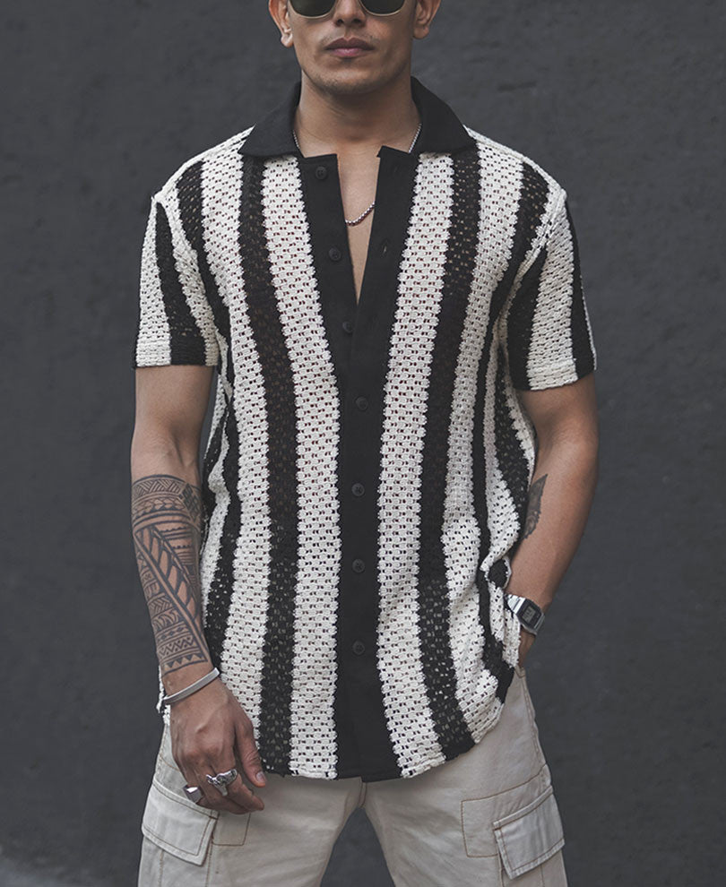 Black and White Crochet Knit Striped Shirt