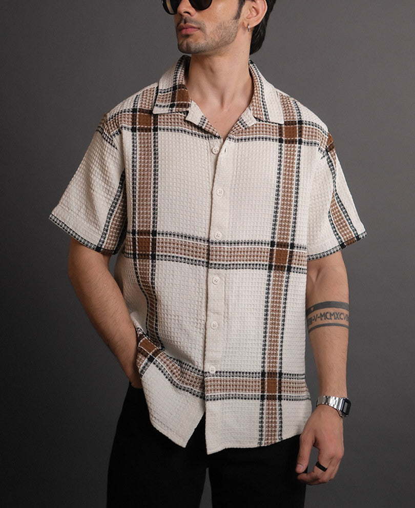 Off White and Brown Structured Checks Half Sleeves Shirt