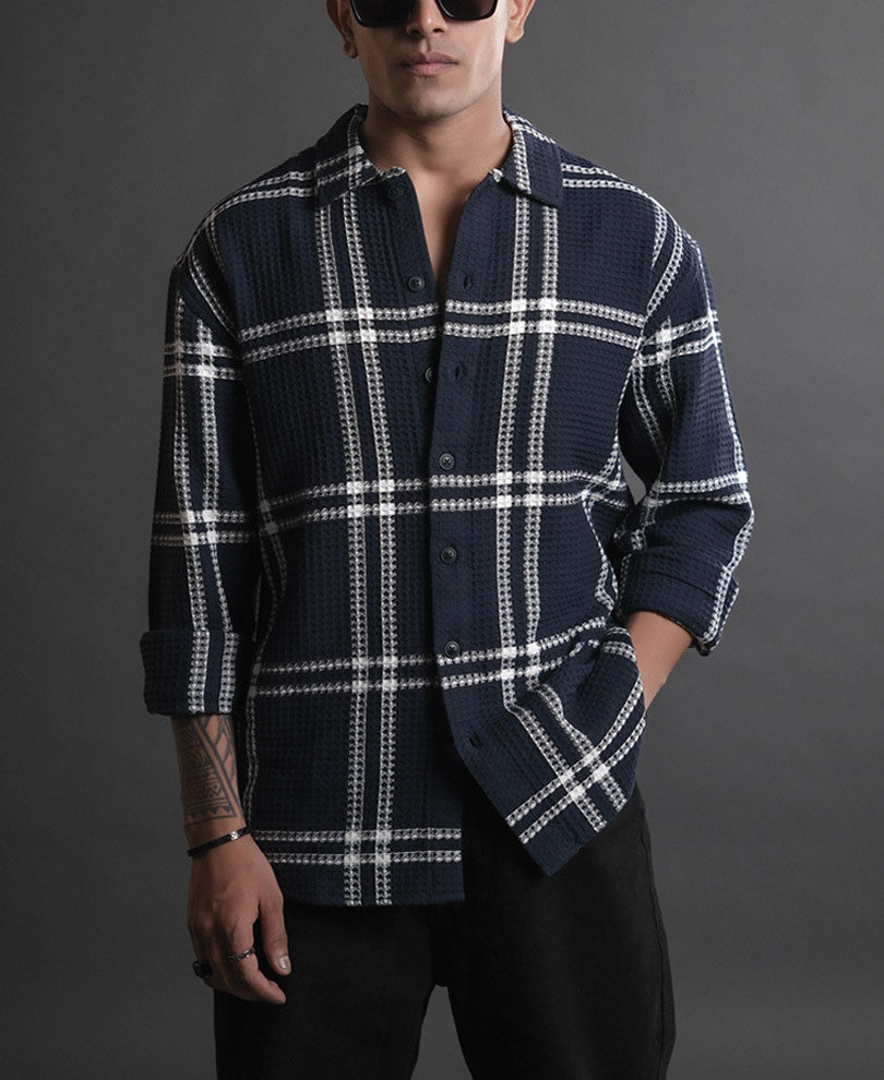 Blue and White Structured Checks Oversized Shirt