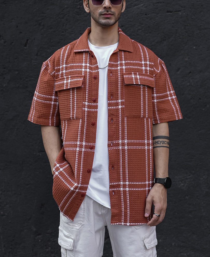 Orange Structured Checks Oversized Half Sleeves Shirt