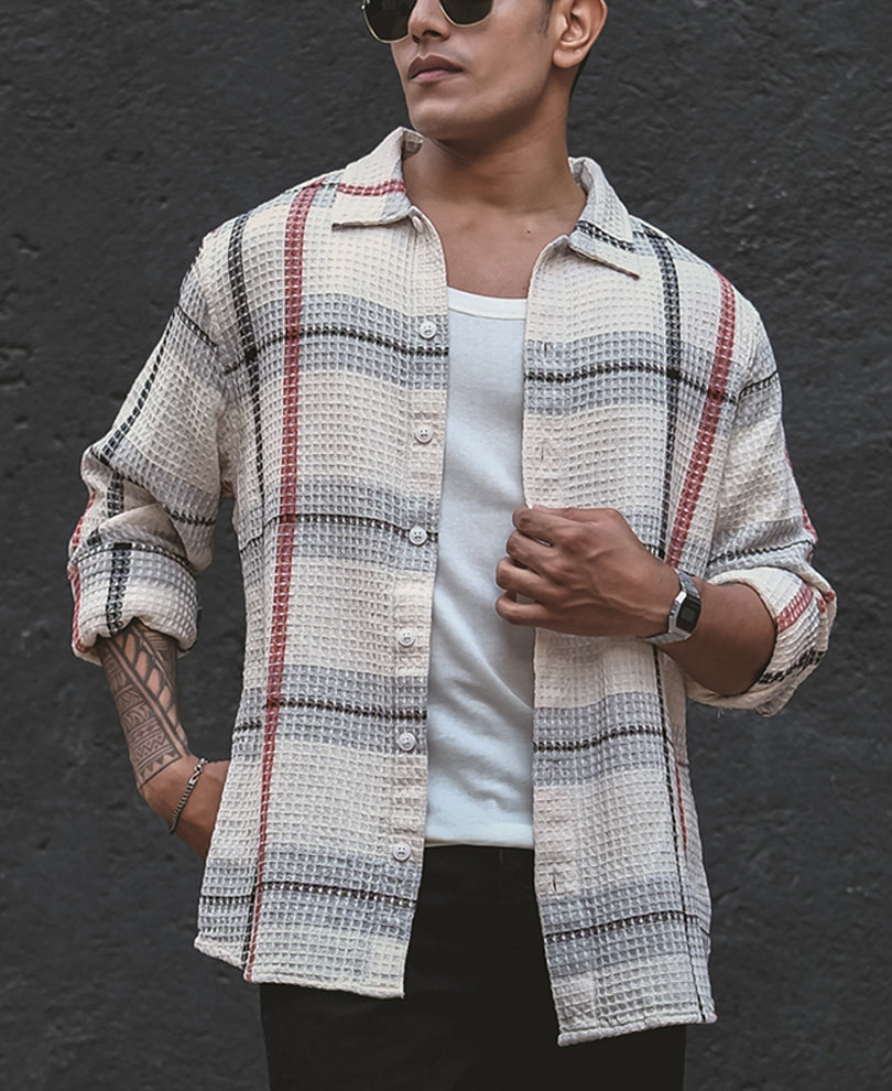 Off White and Grey Structured Checks Full Sleeves Shirt