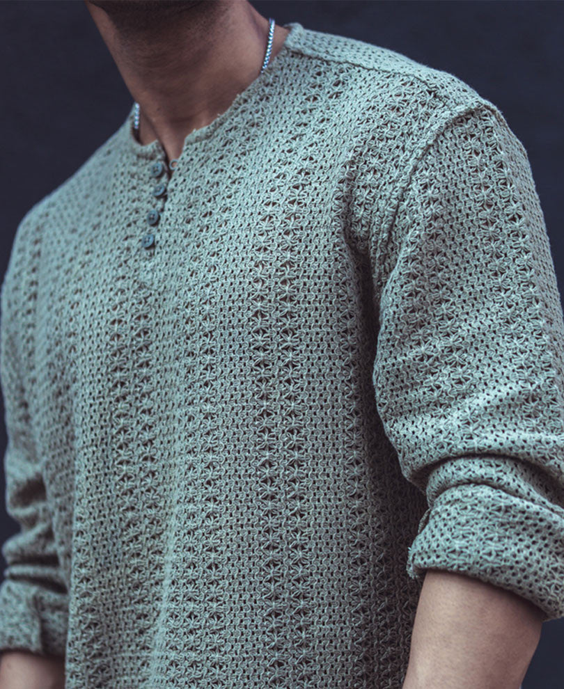 Green Crochet Knit Oversized Kurta Style Shirt