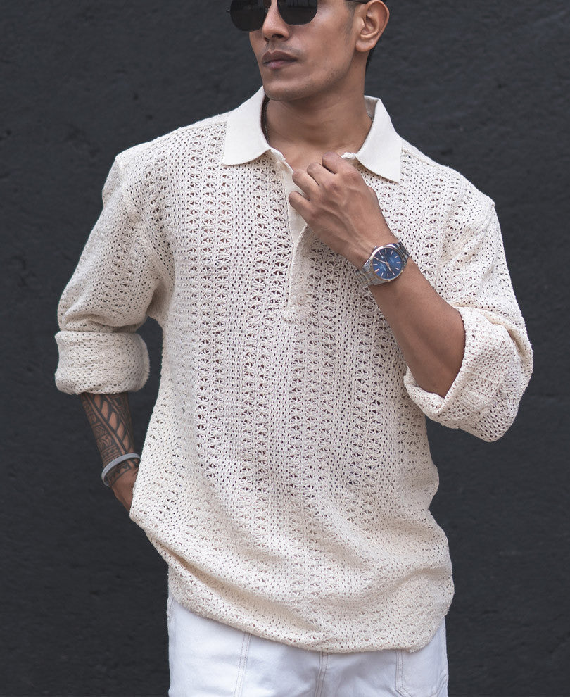 Light Cream Crochet Knit Oversized Kurta Style Shirt