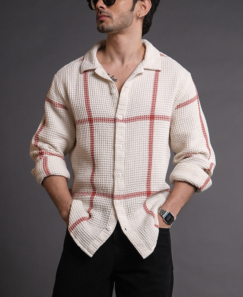 Off White Structured Checks Full Sleeves Shirt