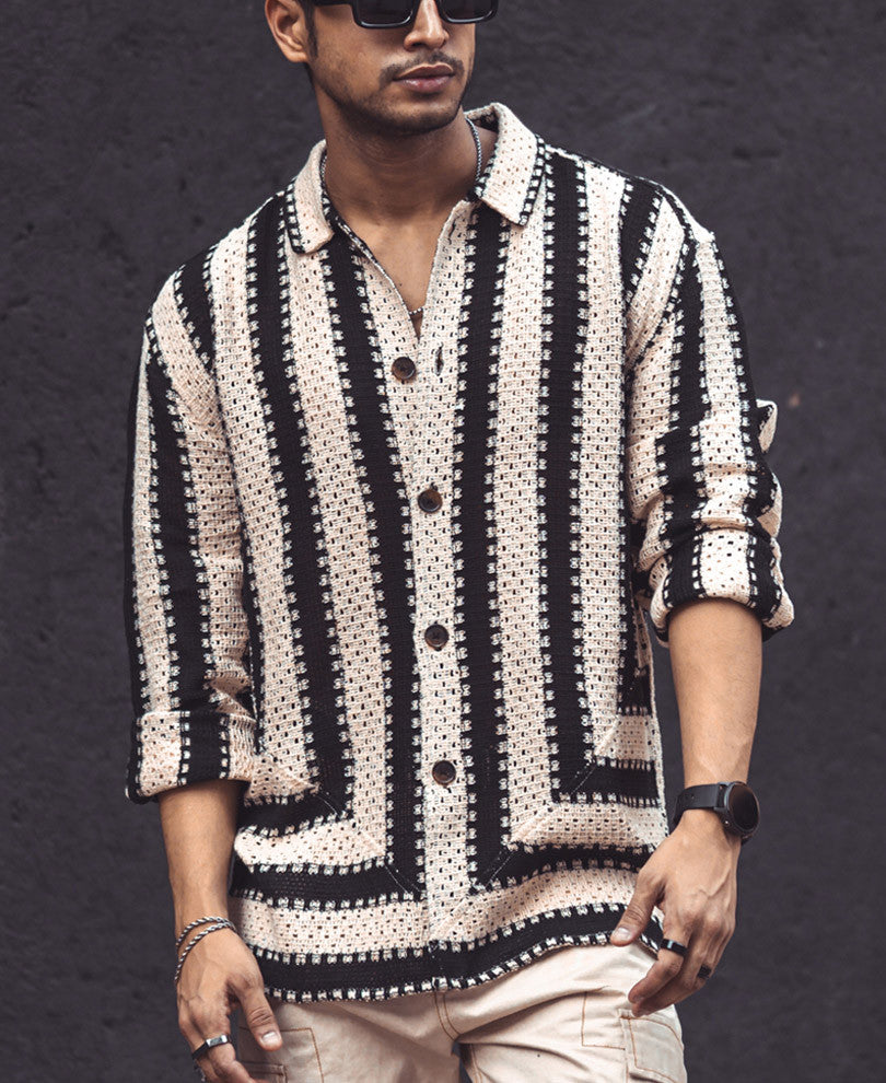 Black and White Crochet Knit Striped Oversized Shirt