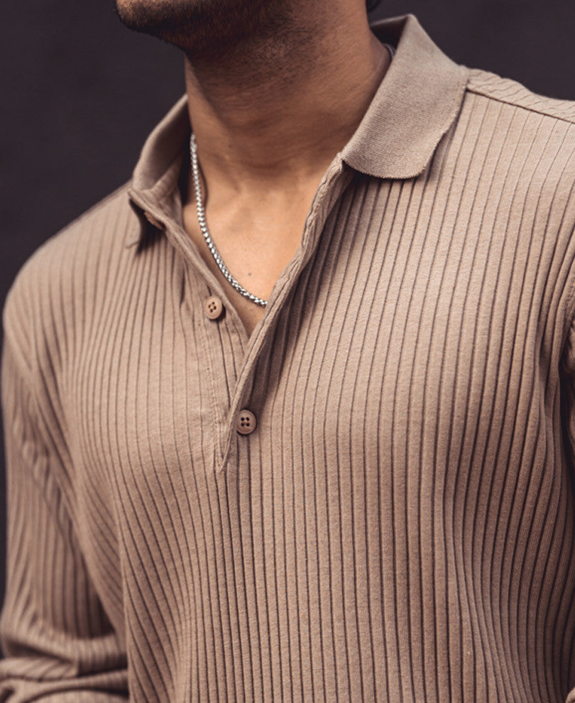 Beige Rib-Knit Full Sleeves T-Shirt
