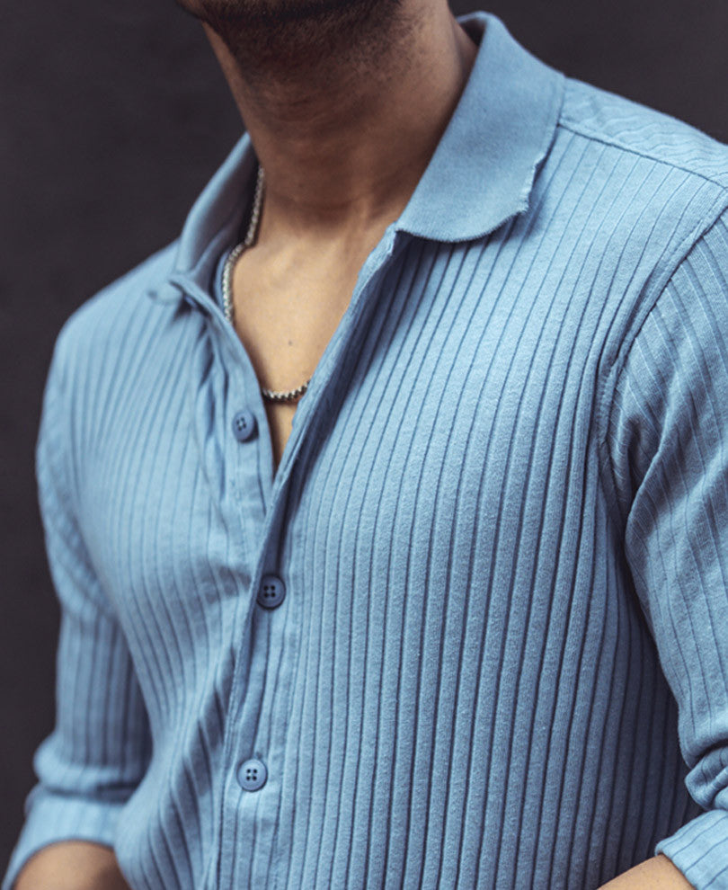 Sky Grey Rib-Knit Full Sleeves Shirt
