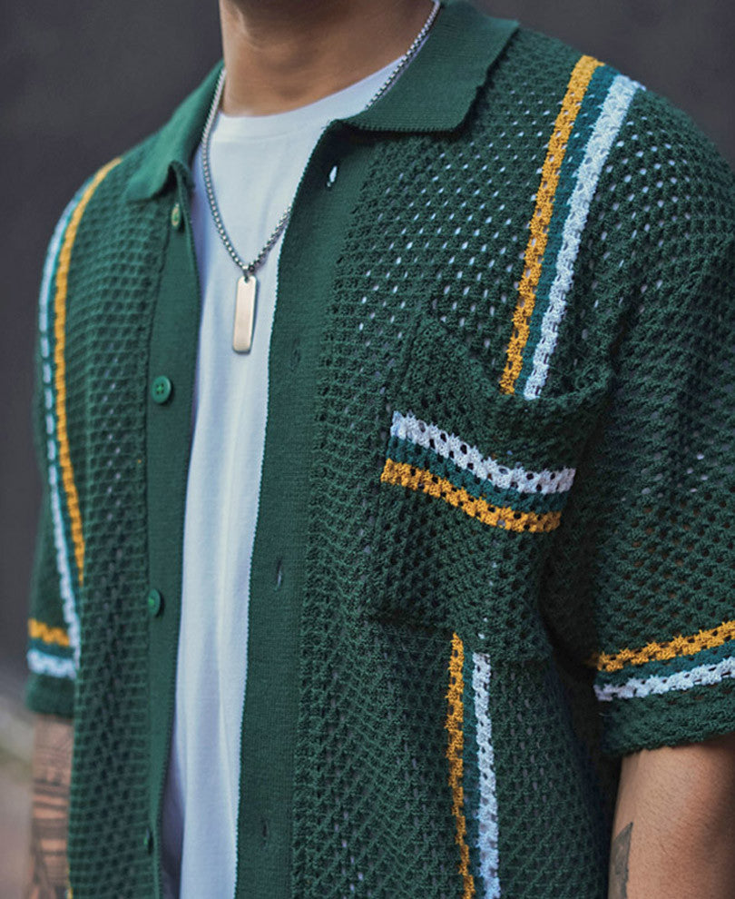 Dark Green Crochet Knit Striped Oversized Shirt