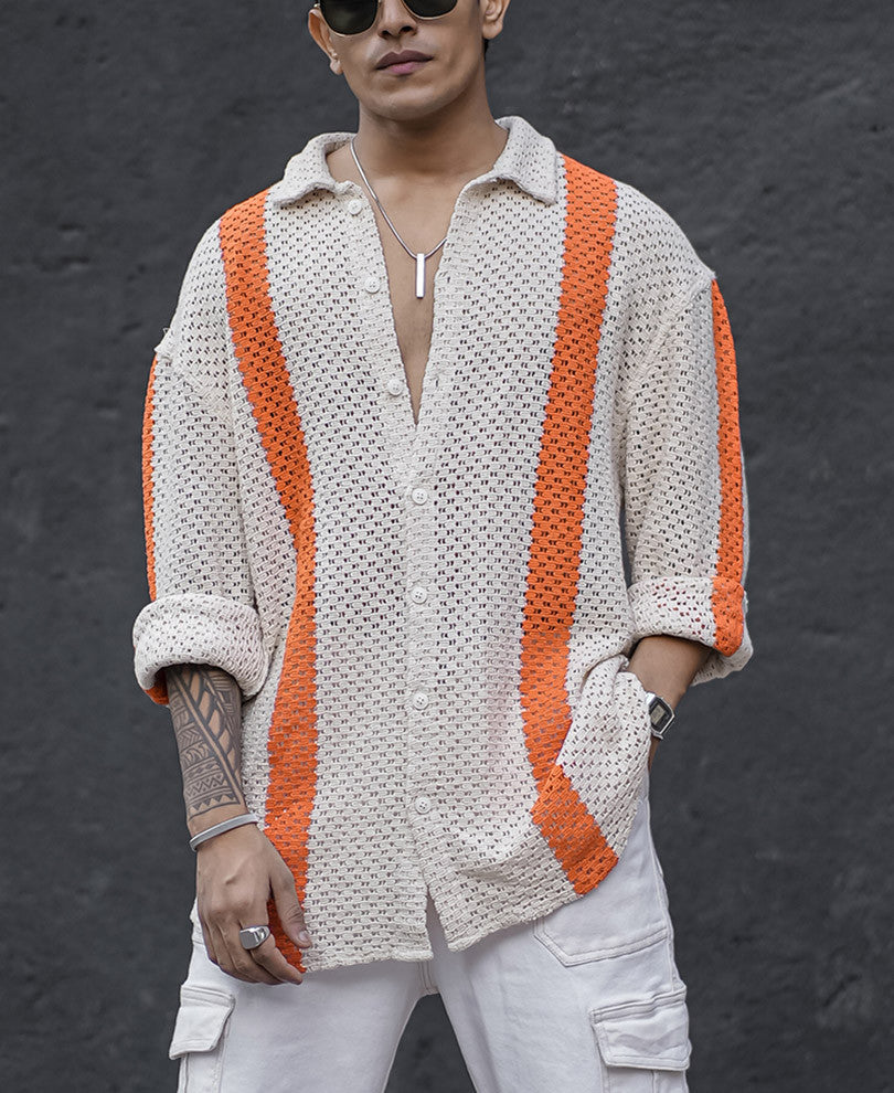 White and Orange Crochet Striped Oversized Shirt