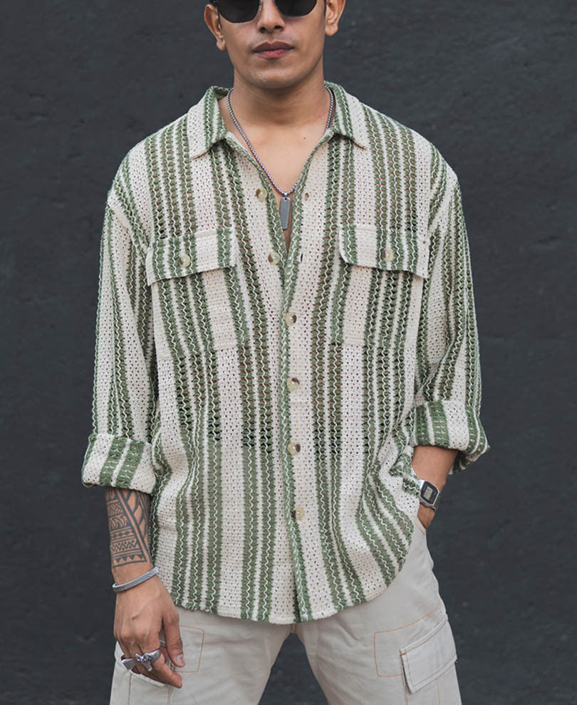 Off White and Green Crochet Striped Oversized Shirt