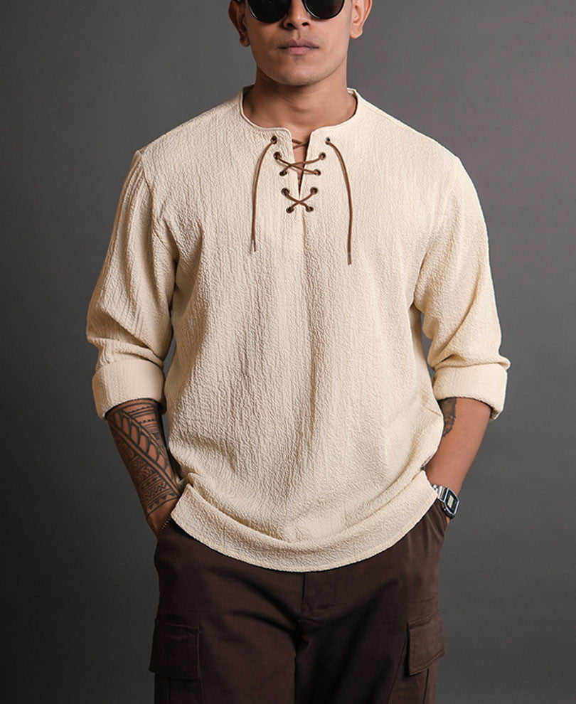Cream Structured Kurta Style Full Sleeves Shirt