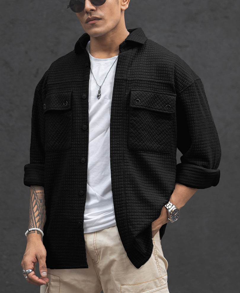 Black Structured Knit Full Sleeves Oversized Shirt
