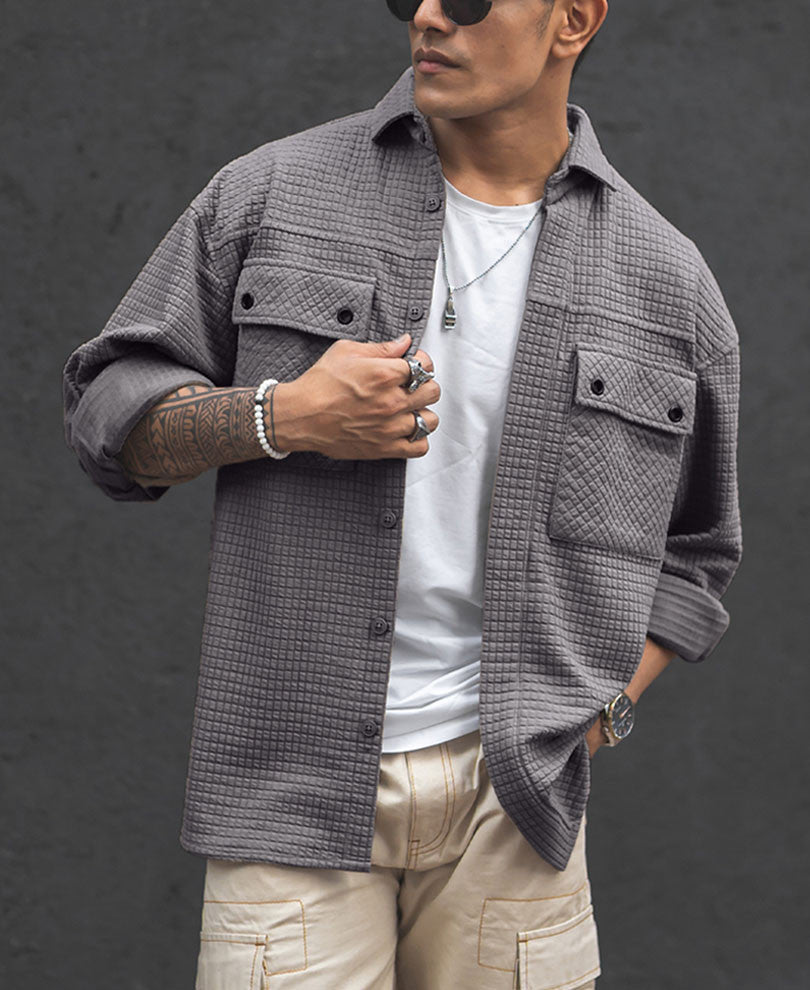 Dark Grey Structured Knit Full Sleeves Oversized Shirt