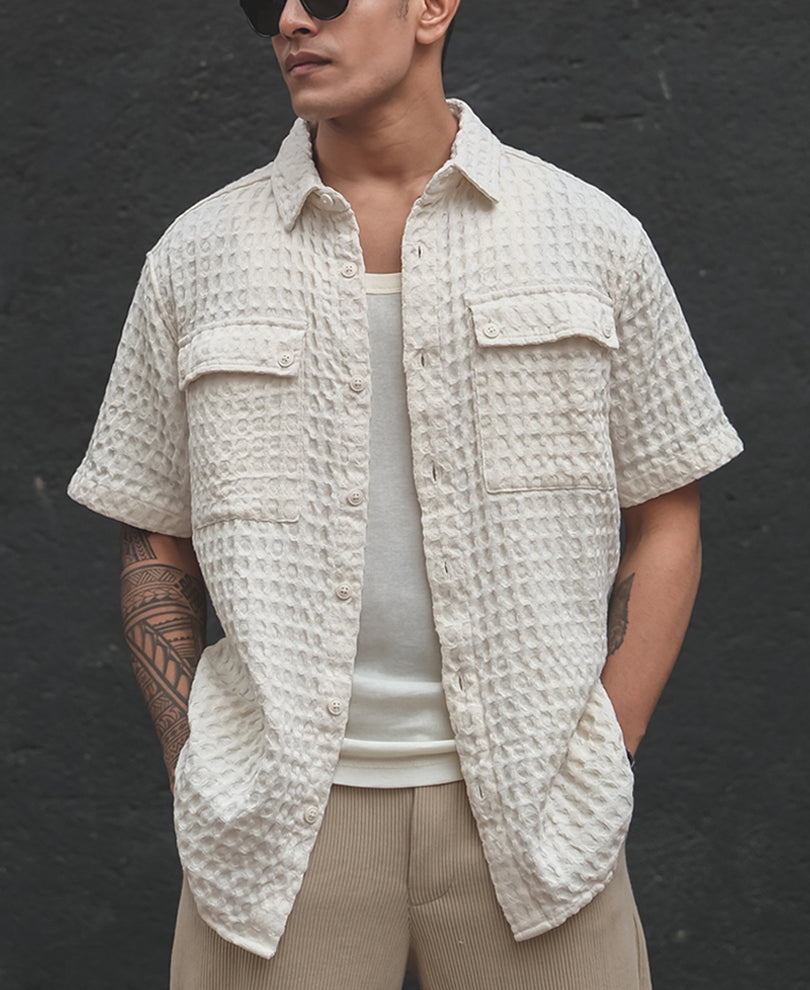 Off White Structured Puff Waffle Half Sleeves Shirt