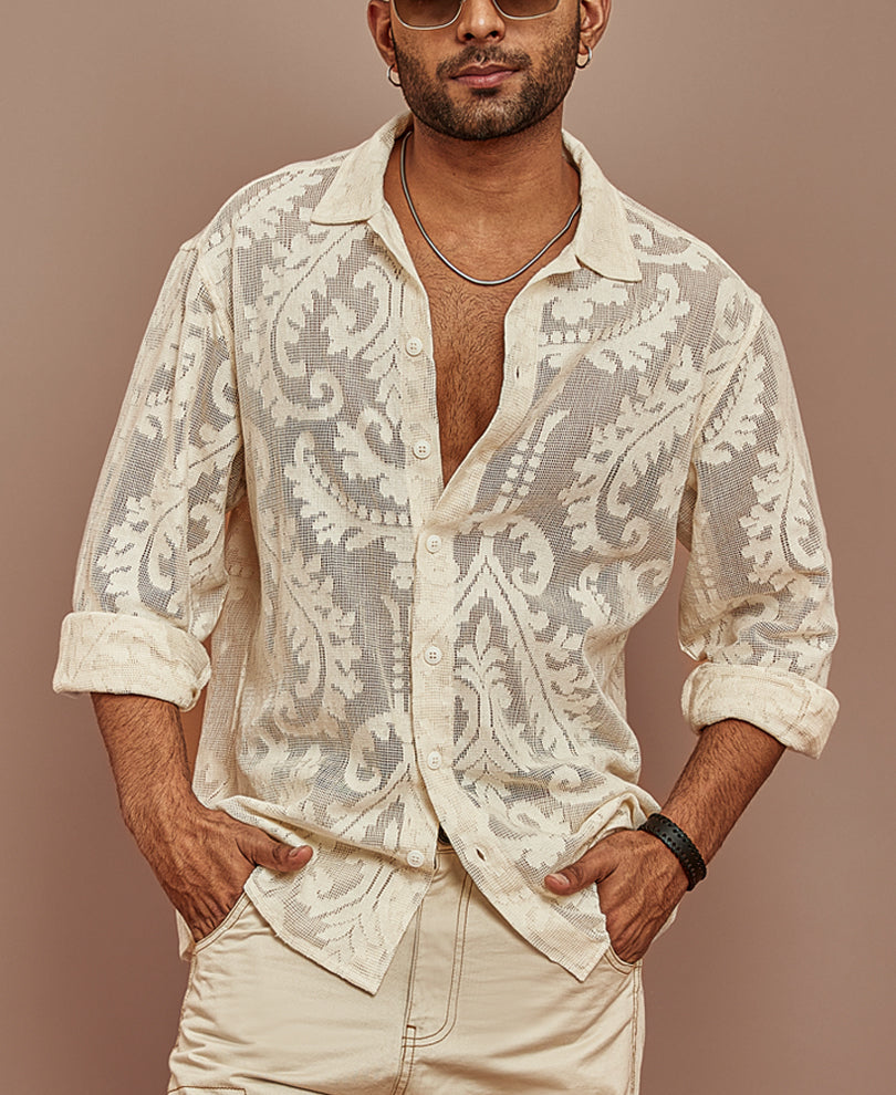 Off White Lace Pattern Full Sleeves Shirt