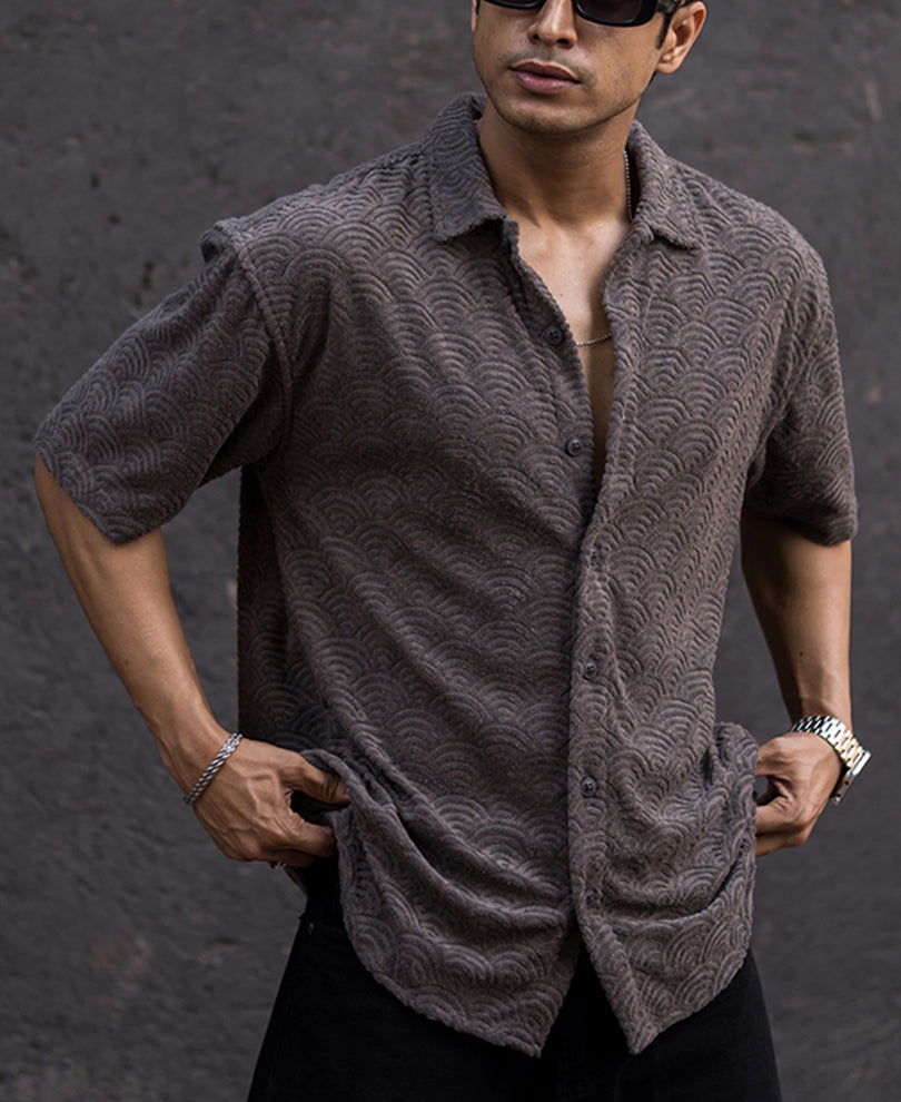 Grey Structured Jacquard Oversized Half Sleeves Shirt