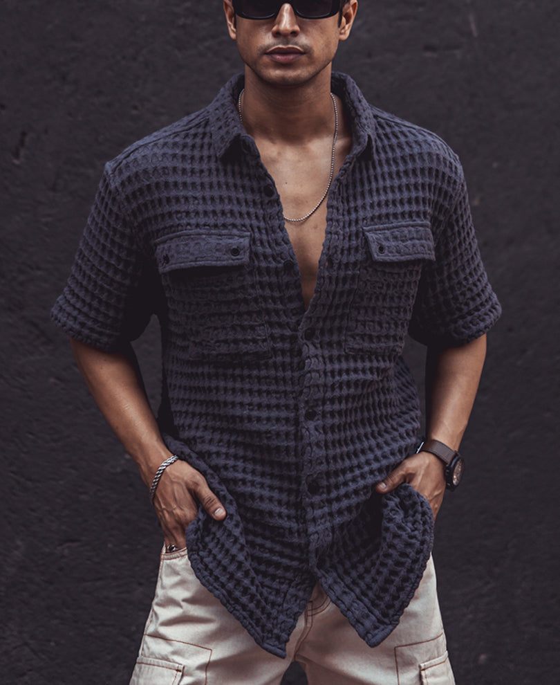 Dark Grey Structured Oversized Half Sleeves Shirt