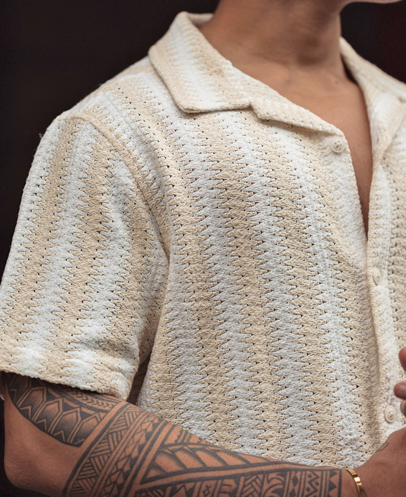 Off White and Beige Crochet Striped Regular Fit Shirt