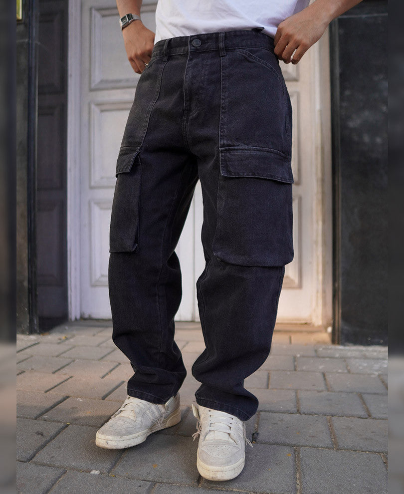 Black Cargo Pocket Denim Baggy Fit Jeans