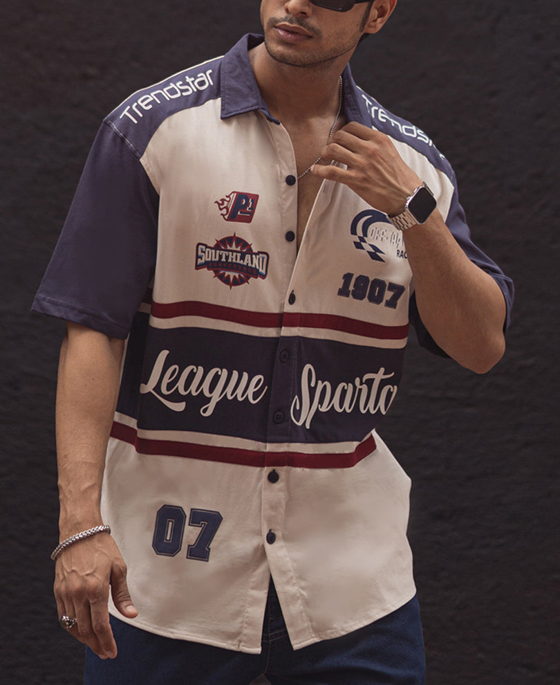 Navy Blue and Off White Printed Oversized Half Sleeves Shirt