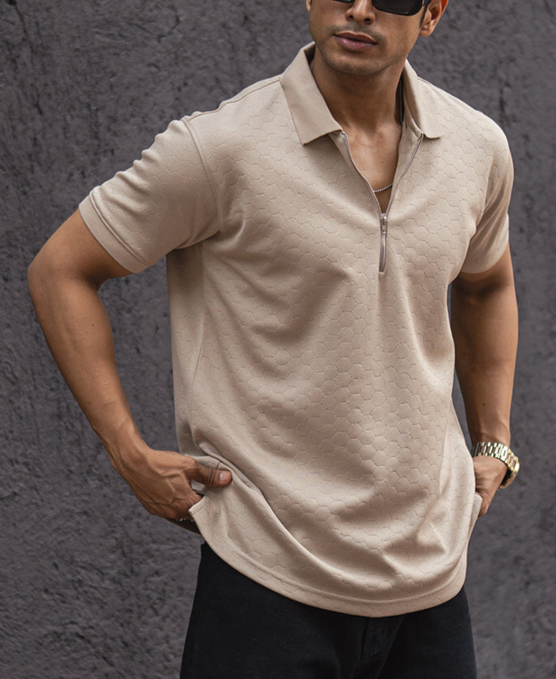 Beige Structured Half Sleeves Zipper T Shirt