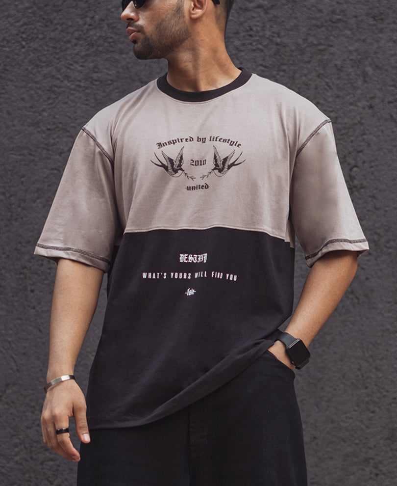 Grey and Black Oversized Printed Half Sleeves T Shirt