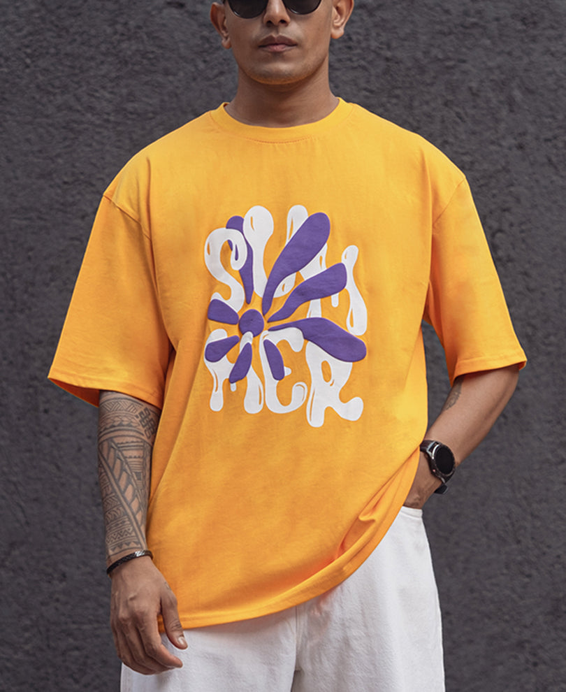 Mustard Structured Printed Oversized Half Sleeves T Shirt