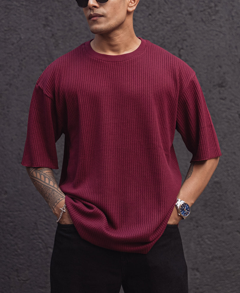 Wine Structured Oversized Half Sleeves T Shirt