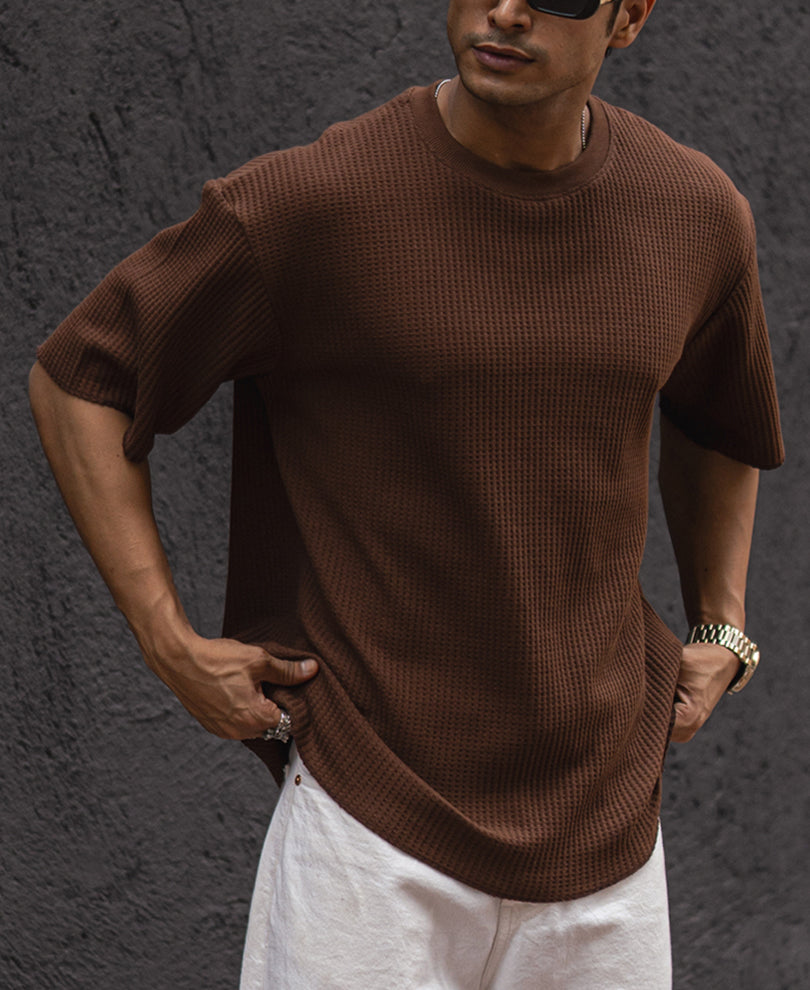 Brown Structured Oversized Half Sleeves T Shirt