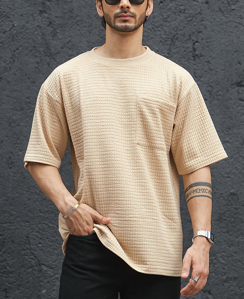 Beige Structured Half Sleeves Oversized T Shirt