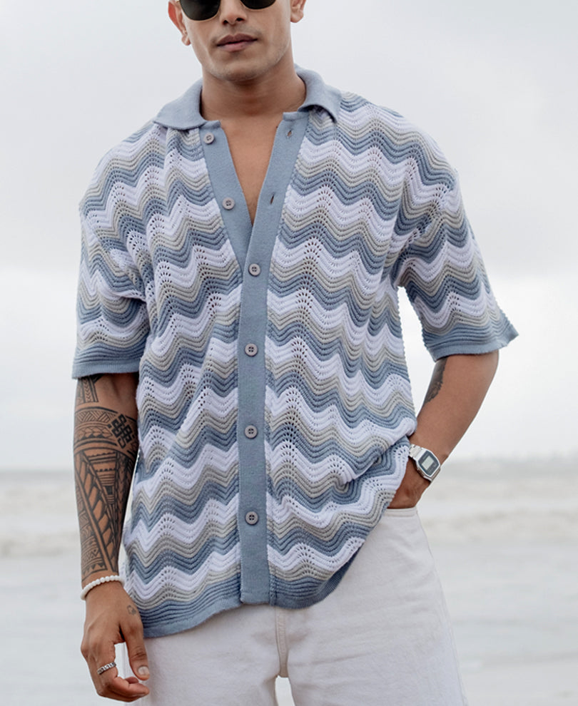 Sky Blue Structured Striped Oversized Fit Half Sleeves Shirt