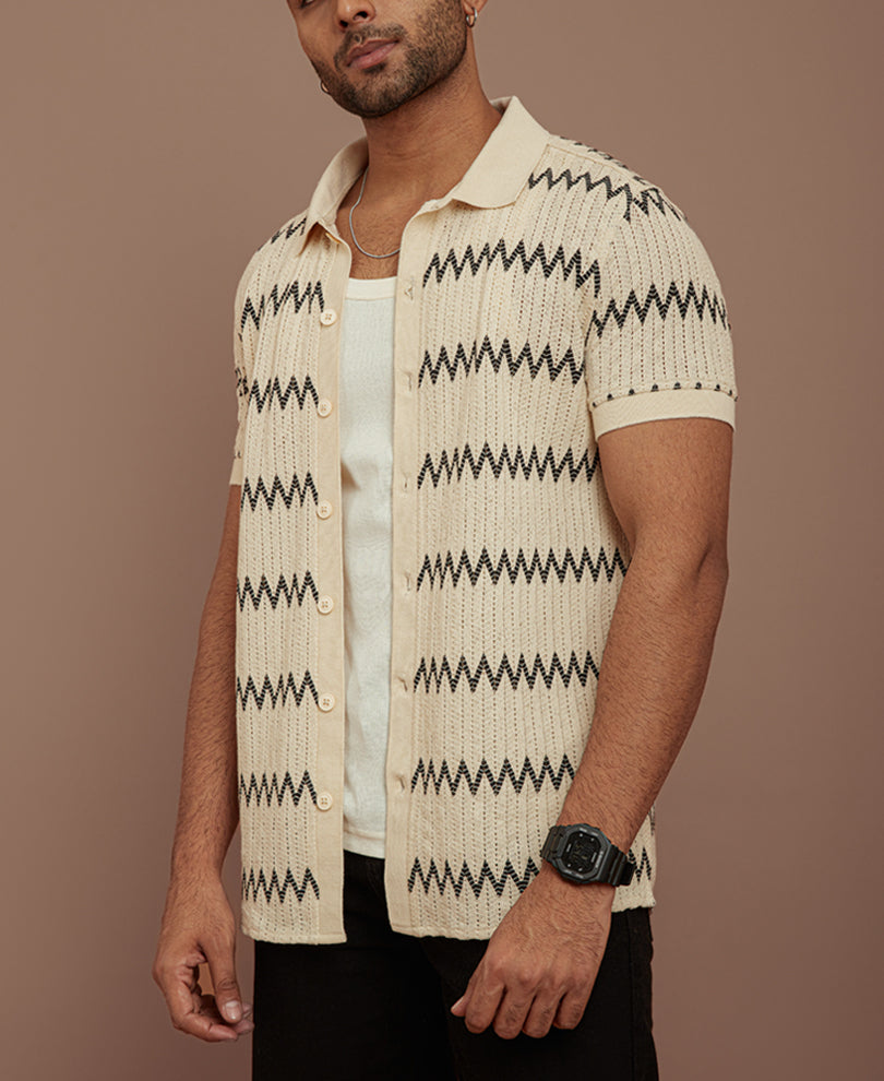 Off White Crochet Zigzag Striped Half Sleeves Shirt