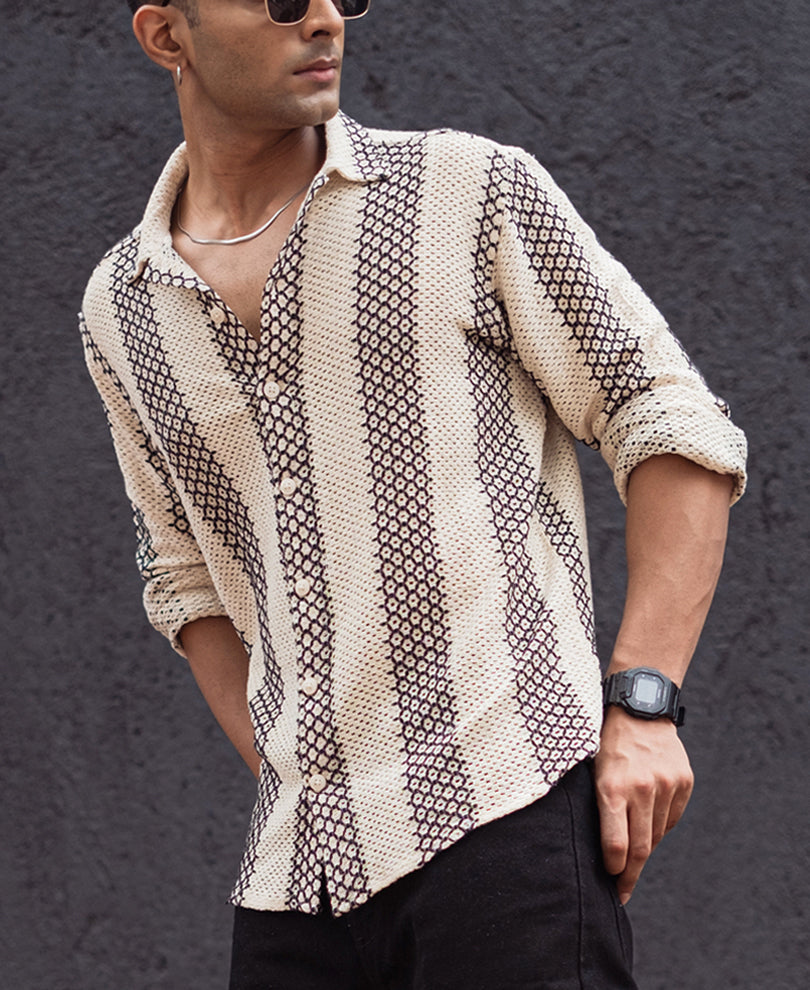 Off White And Black Crochet Regular Fit Full Sleeves Shirt