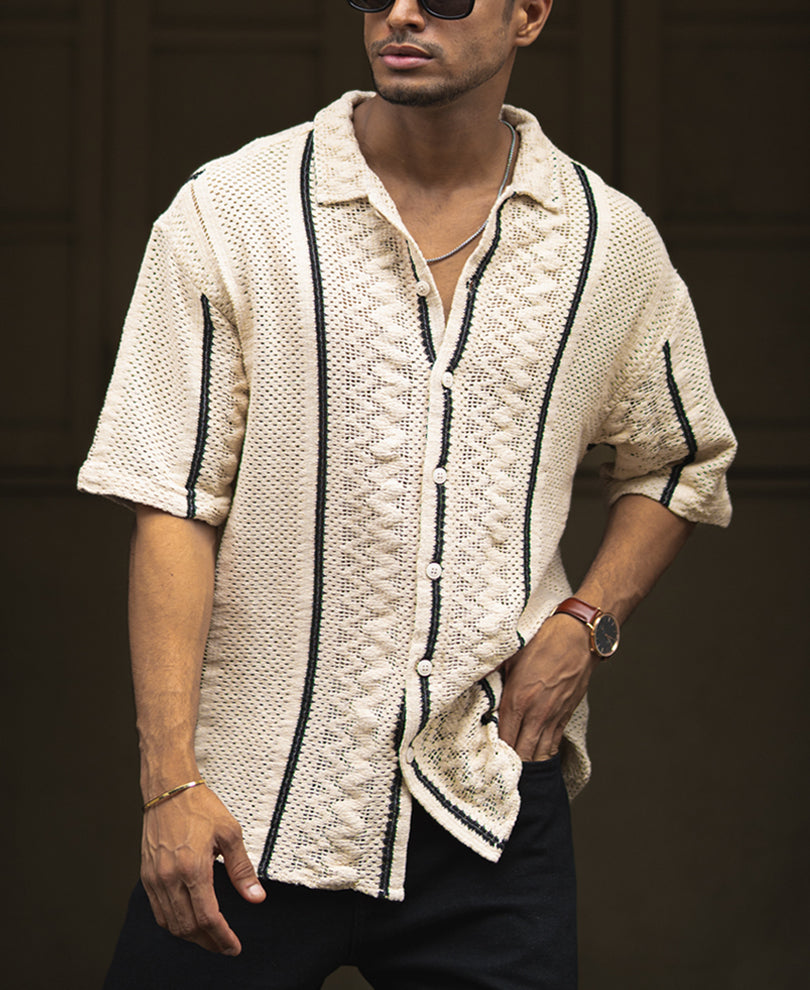 Off White And Black Oversized Half Sleeve Shirt